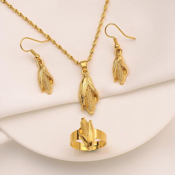 Conjunto de collar y pendientes, colgante de maíz Retro de moda, oro fino de 18k, conjuntos de dijes GF, joyería brillante finamente trabajada hecha en Italia