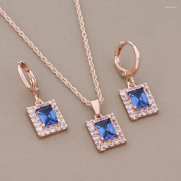 Pendientes de collar Juego de colección de color de oro rosa de moda para mujeres azul cuadrado de circón natural joyería de calidad de lujo