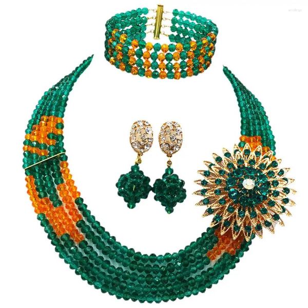 Conjunto de collar y pendientes a la moda, verde azulado, naranja, múltiples hebras, traje de boda nigeriano, cuentas africanas, joyería para mujer 5L-YH18