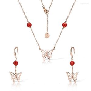 Collier Boucles D'oreilles Ensemble De Mode Tempérament En Acier Inoxydable 316 De Haute Qualité Électrolytique Rose Or Rouge Agate Papillon Et