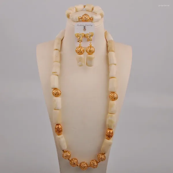 Conjunto de collar y pendientes, accesorios de vestido de novia a la moda, cuentas de Coral Natural blanco, joyería de novia africana para mujer nigeriana, AU-559