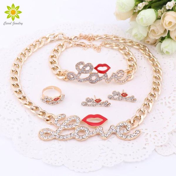 Collar Pendientes Conjunto Moda Mujer Lindo Labios Rojos Color Oro Cristal AMOR Letra Grande Colgante Pulsera Anillo Conjuntos de Pendientes