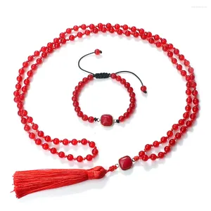 Ketting Oorbellen Set Mode Vrouwen Sieraden 108 Mala Rozenkrans Geknoopt 6mm Rood Geel Chalcedoon Steen Kralen Armband Lange Kwast kettingen