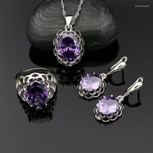 Collier et boucles d'oreilles en argent Sterling 925 pour femmes, ensemble de bijoux à la mode, pendentif de mariée en zircone cubique violette