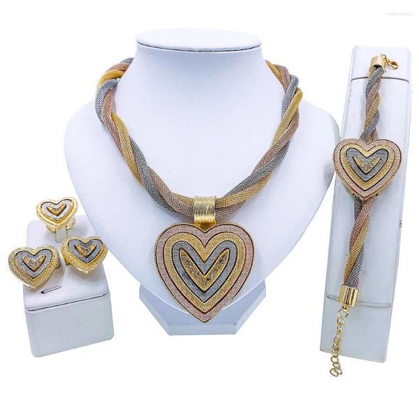 Ensemble de boucles d'oreilles et collier pour femmes, pompons multicolores, pendentif en forme de cœur, plaqué or italien, bijoux de mariage de dubaï