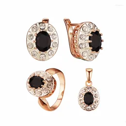 Ensemble de boucles d'oreilles et collier pour femmes, bague tendance, pierre ronde noire, or Rose, argent, cadeau d'anniversaire, 585, FJ