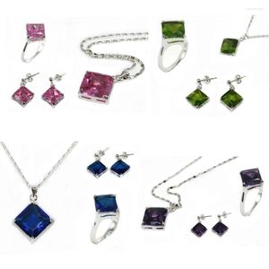 Ensemble de collier et boucles d'oreilles pour femmes, pendentif carré en cristal de Zircon, bague, bijoux, cadeaux de fête de mariage, accessoires de Costume, 5 couleurs