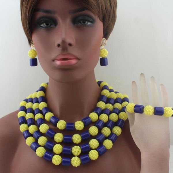 Collier boucles d'oreilles ensemble mode boule jaune perles mariage africain nigérian bleu Royal corail mariée HD8583