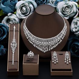 Collier Boucles d'oreilles Set Fashion Zirconia Full Bridal Jewelry Femme's Party Luxury Dubai Nigeria CZ Crystal Wedding 4-Piece 2024