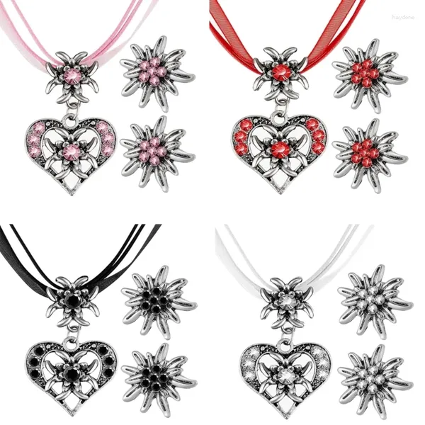 Pendientes de collar Conjunto de corazón de moda Edelweiss para mujeres Cordón de cinta Cortería Oktoberfest Party Banquets Jewelry 97QE