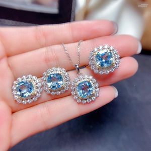 Ketting Oorbellen Set Vrouwelijke Charme Hemelsblauw Geïmiteerd Topaz Hanger Oorbel Ring Sets Voor Vrouwen Ketting Kristal Bruiloft Zilveren Kleur Sieraden