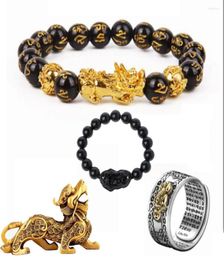 Ketting oorbellen set Feng Shui Obsidian Bead Bracelet Ring Chinese stijl polsbandje Pixiu Fortune Beast Men39s and Women39S5812749