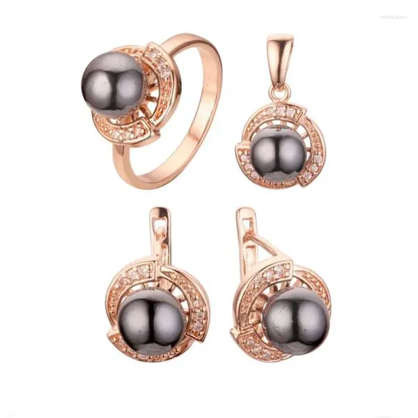 Conjunto de collar y pendientes FJ para mujer, Color oro rosa 585, colgante de perlas de imitación negras, anillos, joyería