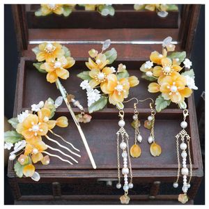 Ensemble de collier et boucles d'oreilles pour filles, bijoux de cheveux à fleurs, poignée Stable, glaçure jaune citron, coiffure, cadeau pour amoureux de la saint-valentin