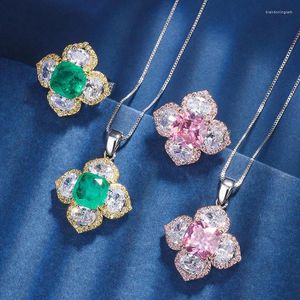 Conjunto de collar y pendientes estilo flor circonita cúbica rosa imitación esmeralda verde colgante anillo ajustable joyería