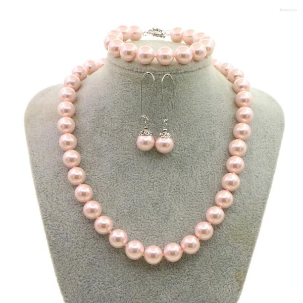 Pendientes de collar Juego para mujeres Juegos de pulsera de perlas rosadas de 12 mm Joya de joyería Anniversary Anniversary Gotas de Navidad Girls