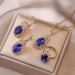 Ketting Oorbellen Set Voor Vrouwen Rood Blauw Groen Zirkoon Hanger Ring 4 Stuks Vintage Geschenken 2023 Luxe Bruiloft Sieraden