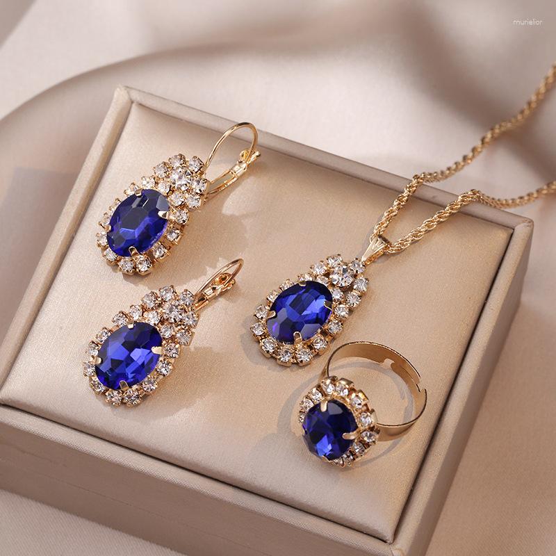 Collana orecchini set per donna anello pendente zircone rosso blu verde 4 pezzi regali vintage 2023 gioielli da sposa di lusso