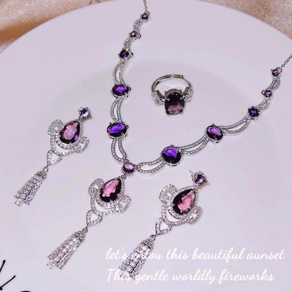 Collier boucles d'oreilles ensemble Foydjew luxe haute qualité bijoux violet cristal colliers gland pendentif anneaux réglables mariage ensembles de mariée