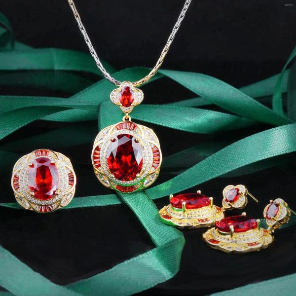 Collier boucles d'oreilles ensemble Foydjew rétro italien simulé grenat rubis pendentif colliers anneaux de goutte Banquet fête pour les femmes