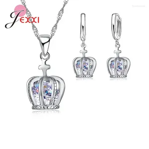 Boucles d'oreilles de collier Set Free Ship Bijoux 925 STERLING Silver Cross Crown Pendant Corée Lever Back Oreing Woman Gift