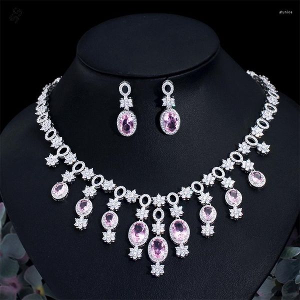 Conjunto de pendientes de collar, borla de diamante rosa para fiesta de boda francesa y cadena de joyería de circón nupcial de 2 piezas para vestidos de dama a la moda