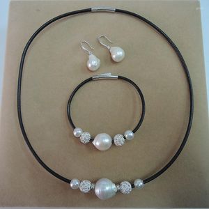 Ketting oorbellen Zet zoetwater parelparel sieraden armband oorrang-witte barok 925 zilveren oorring en lederen touw mooie sluiting