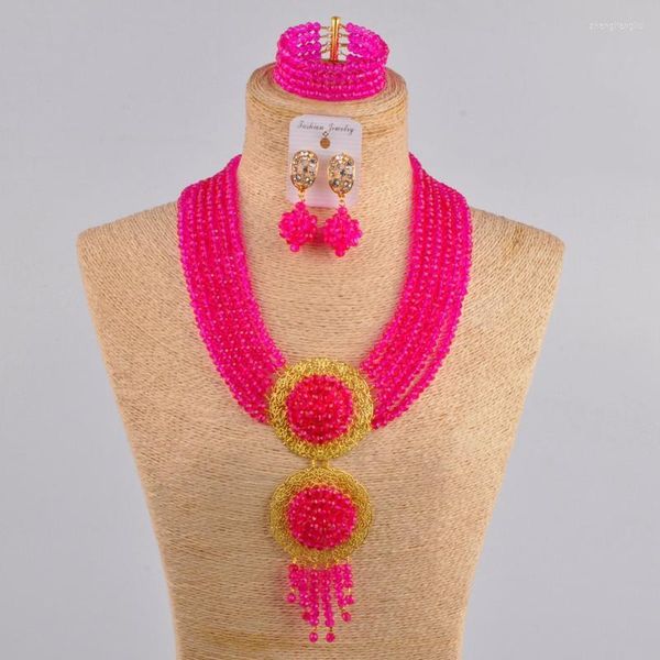 Ensemble collier et boucles d'oreilles rose Fuchsia, perles africaines, bijoux en cristal, Costume de mariage nigérian pour femmes 6CLS01