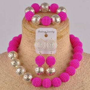 Ketting oorbellen set fuchsia roze kostuum Afrikaanse kralen sieraden gesimuleerde parel nigeriaanse fzz89