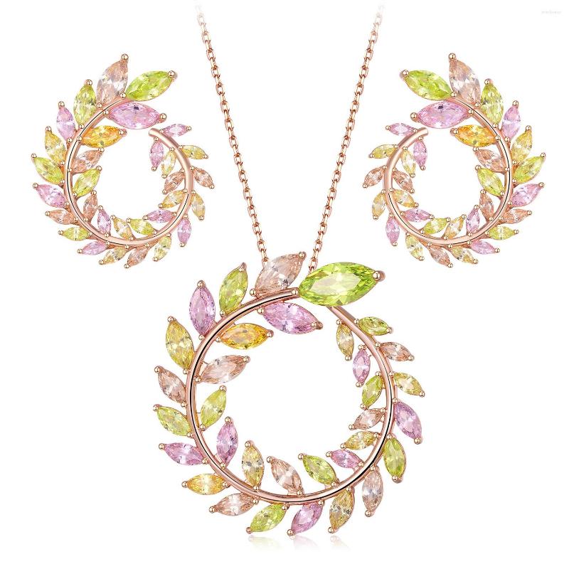 Necklace Earrings Set Ful Zircon Leaf Round Pendant For Women Copper Link Chain Party Accesorios Mujer