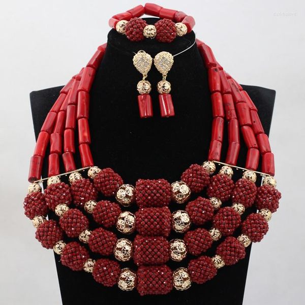 Collier boucles d'oreilles ensemble complet africain grand luxe vrai corail perlé bavoir gros bijoux pour mariage nigérian 3 couleurs ABH259