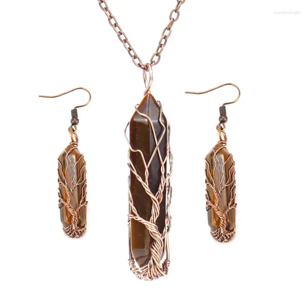 FYJS – ensemble de boucles d'oreilles et collier, enveloppe de fil de cuivre Unique, arbre de vie, prisme hexagonal, pierre d'oeil de tigre, Vintage