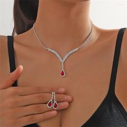 Ketting Oorbellen Set FYUAN Geometrische Strass Voor Vrouwen Rode Waterdruppel Kristal Bruiloft Bruid Accessoires