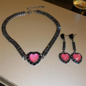 Conjunto de collar y pendientes FYUAN estilo coreano, pendiente de cristal negro para mujer, corazón rosa, accesorios de novia para boda