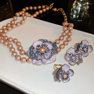 FYUAN – ensemble de boucles d'oreilles et collier pour femmes, Vintage, perle de Champagne, émail blanc, cristal, fleur, bague de fête de mariée