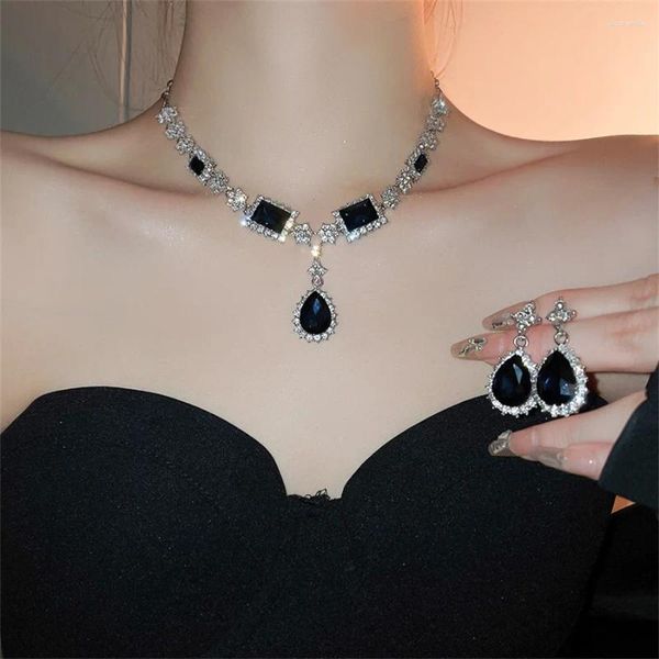 Conjunto de collar y pendientes FYUAN, pendiente de gota de agua Vintage para mujer, accesorios de novia de boda de cristal azul oscuro