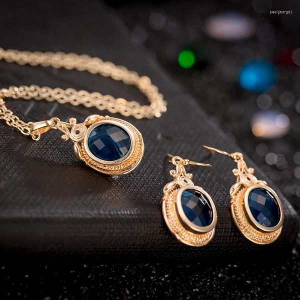 Collier boucles d'oreilles ensemble Garilina mode bijoux or bleu cubique zircone pendentif fête pour femmes bijoux femme mariage AS2028