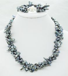 Juego de collar y aretes con perlas de agua dulce barrocas grises naturales genuinas catenaria manual de 19"