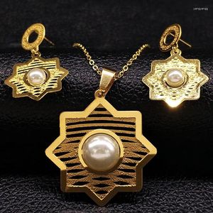 Ketting Oorbellen Set Geometrie Roestvrij Stalen Sieraden Vrouwen Imitatie Parel Dubai Goud Kleur Conjunto De Joyas S178233S07