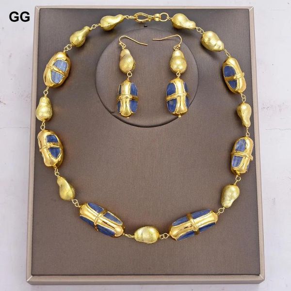 Colliers Ensemble d'oreilles GG Blue Kyanite Kyanite Electroplated Edge plaqué Gold Brackaged Wrap Braps pour femmes