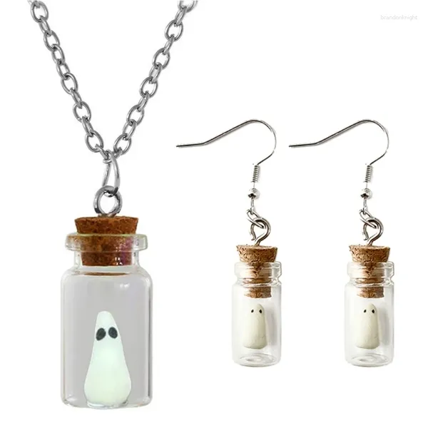 Conjunto de collar y pendientes con colgante de fantasma en botella que brilla en la oscuridad, joyería luminosa de Halloween para mujeres y niñas