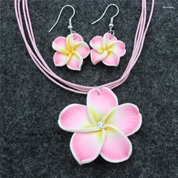 Collier Boucles d'Oreilles Ensemble Fille Femme Fimo Fleur Hawaï Plumeria Fleurs Pâte Polymère Pendentif Cadeau