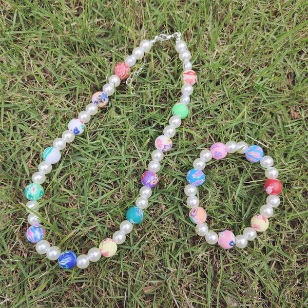 Conjunto de collar y pendientes Girlgo, pulsera de bolas de flores de arcilla suave colorida de verano, gargantilla de cuentas de perlas hechas a mano bohemia, joyería