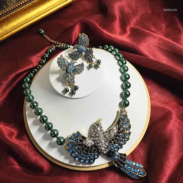 Collar Pendientes Set Cristal Perla Pájaro Azul Águila Colgante Mujer