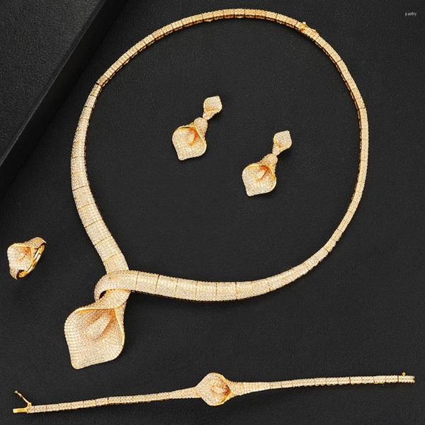 Ensemble de boucles d'oreilles et collier GODKI 3 tons de luxe, 4 pièces de fleurs de lys africaines pour femmes, mariage, zircone cubique, ensembles de mariée de Dubaï, bijoux costum