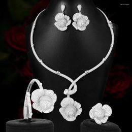 Pendientes de collar Godki 4pcs Flores de lujo africanas para mujeres Zirconia cúbica Lariat Neckalce Juegos Dubai Joyería de novia 2024