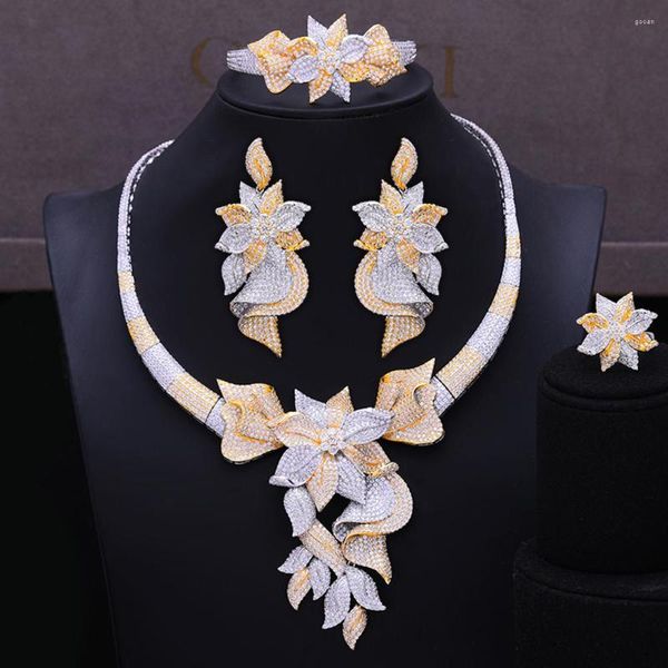 Conjunto de collar y pendientes GODKI, precioso lujo, 4 Uds., brazalete de flor de hoja, anillo, pendiente colgante, joyería para mujer, boda nupcial