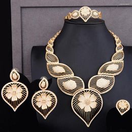 Ketting oorbellen set Godki super grote luxe 4pcs lucky klaver Africa kubieke zirconia sieraden voor vrouwen bruiloft Dubai Bridal