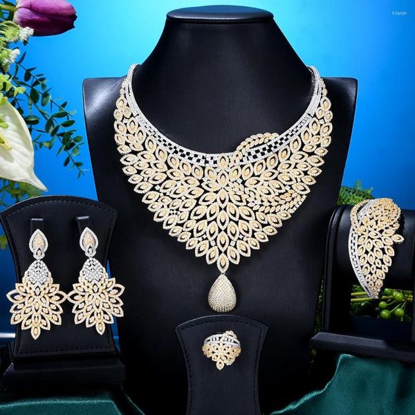 Collar Pendientes Conjunto GODKI Super GRANDE Lujo Pluma Flor Mujer Boda Cubic Zirconia Gargantilla Pendiente Dubai Joyería Adicto a la joyería