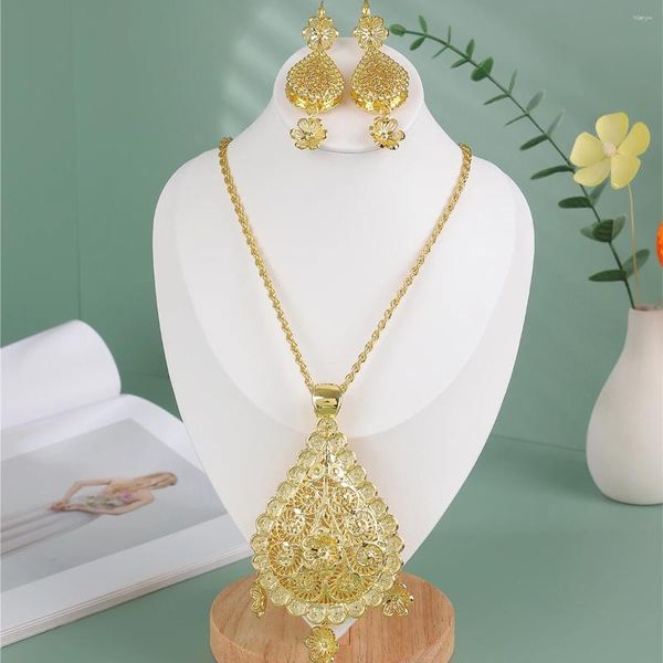 Conjunto de collar y pendientes, joyería nupcial dorada, diseño hueco, chapado de Metal quemado doble para mujer, accesorios de vestido de novia